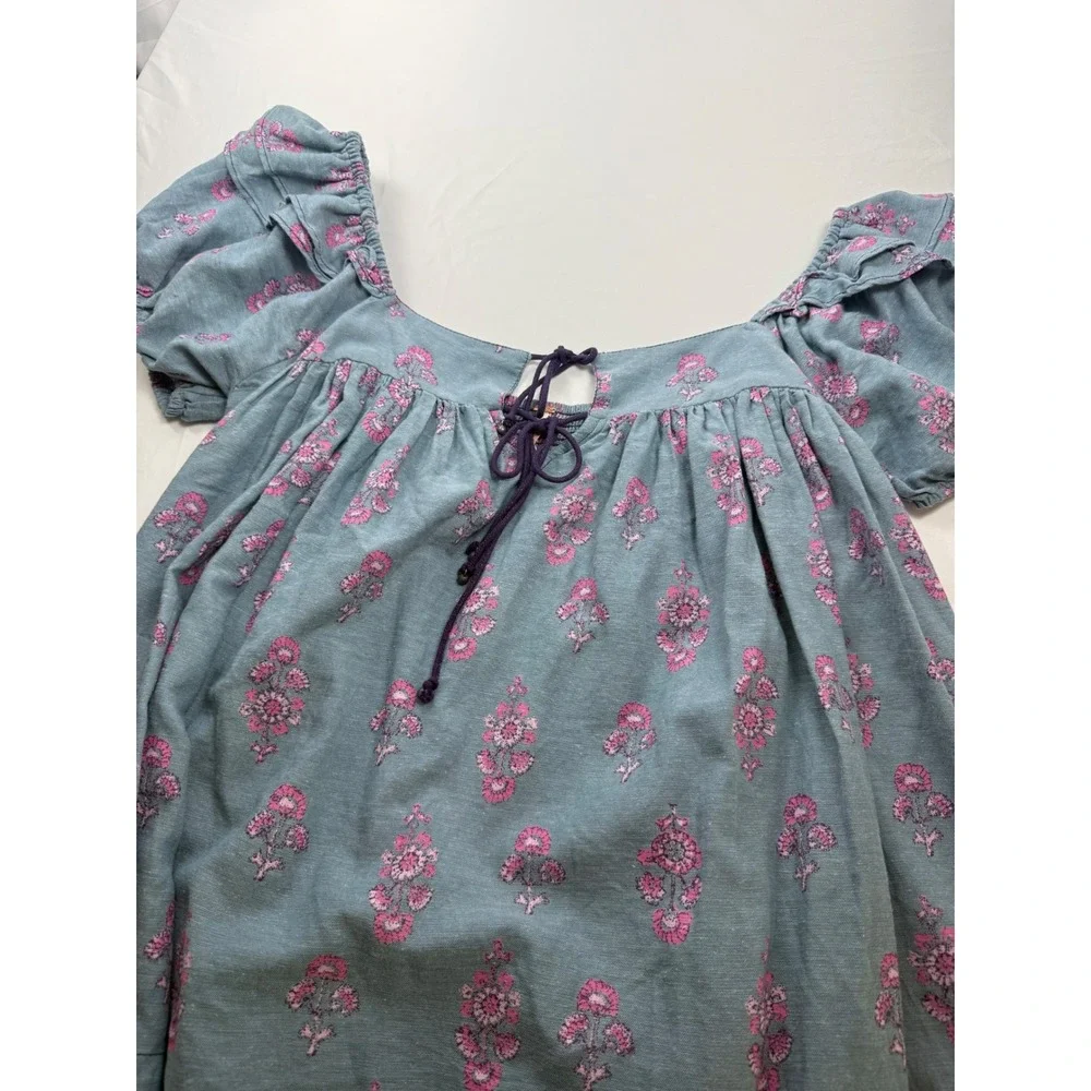 Free People L Blue Floral Peasant Blouse Boho Puff Sleeve Smocked Cottagecore